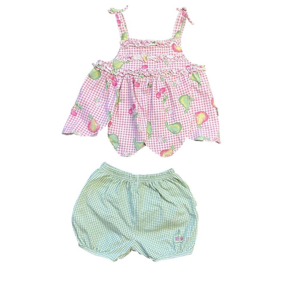 Le‎ Top Gingham Floral Knit 2 Piece Outfit Baby Girls 12M Ruffle Bloomers Cotton